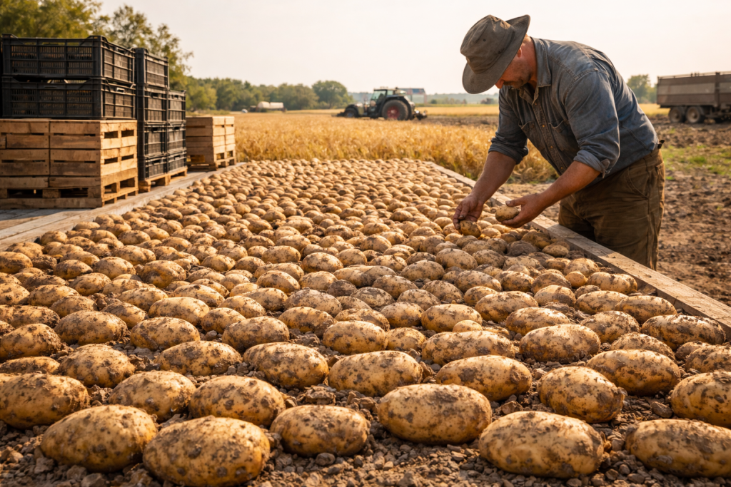 Рабочий сортирует картофель на поле