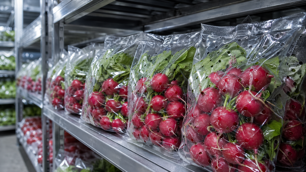 Свежий редис в перфорированных упаковках на стеллаже для хранения