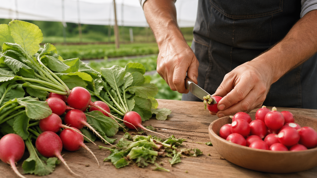 Обрезка ботвы редиса ножом для продления срока хранения